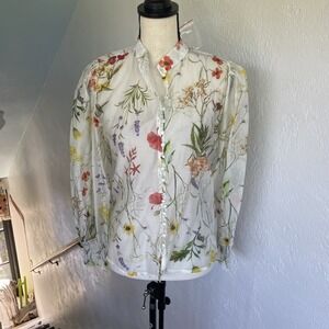 Lucky & Coco NWT Sheer Floral Botanical Pastel Blouse Top Long sleeve  Medium